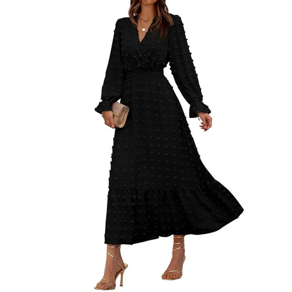 Women's Summer Fashion Loose V-Neck Long Sleeve Solid Color Dresses, Comfortable and Breezy for Warm Weather, Perfect for Daily Relaxation,Black,Size 2XL