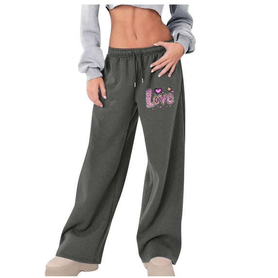 Women's Summer Fashion Pants High-Waisted Elastic Print Lace-Up Casual Sports Solid Color Wide-Leg Dark Gray Quick Dry Gym Sweatpants S-2XL