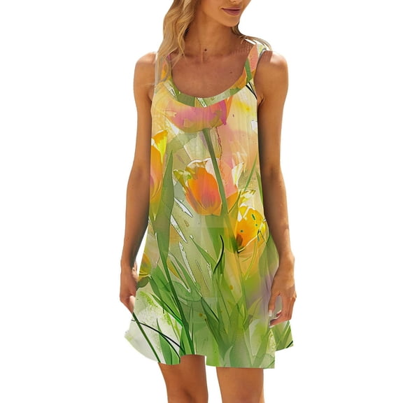 Women's Summer Fashion Printed Pleated Sleeveless Shoulder Strap Beach Resort Leisure Dress Cute Beach Outfits for Women Dress for Women Small V Neck Dress for Women Casual Summer Long Dress Casual