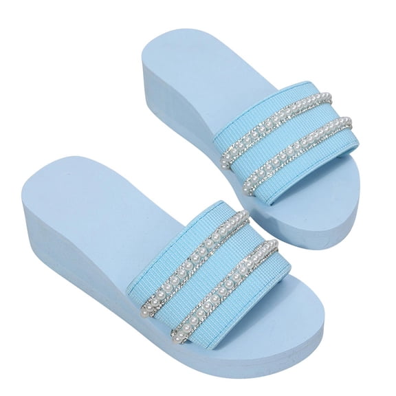 Women's Summer Fashion Sandals Pearls Rhinestones Open Toe Slides Sandals Yoga Mat Comfort Platform Slippers Shoes