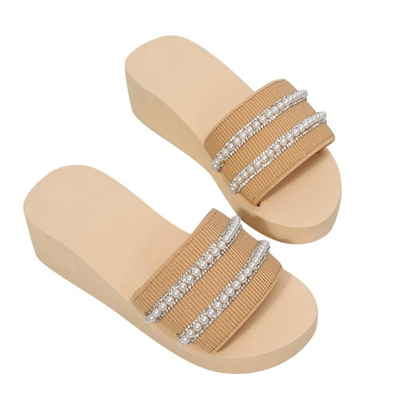 Women's Summer Fashion Sandals Pearls Rhinestones Open Toe Slides Sandals Yoga Mat Comfort Platform Slippers Shoes