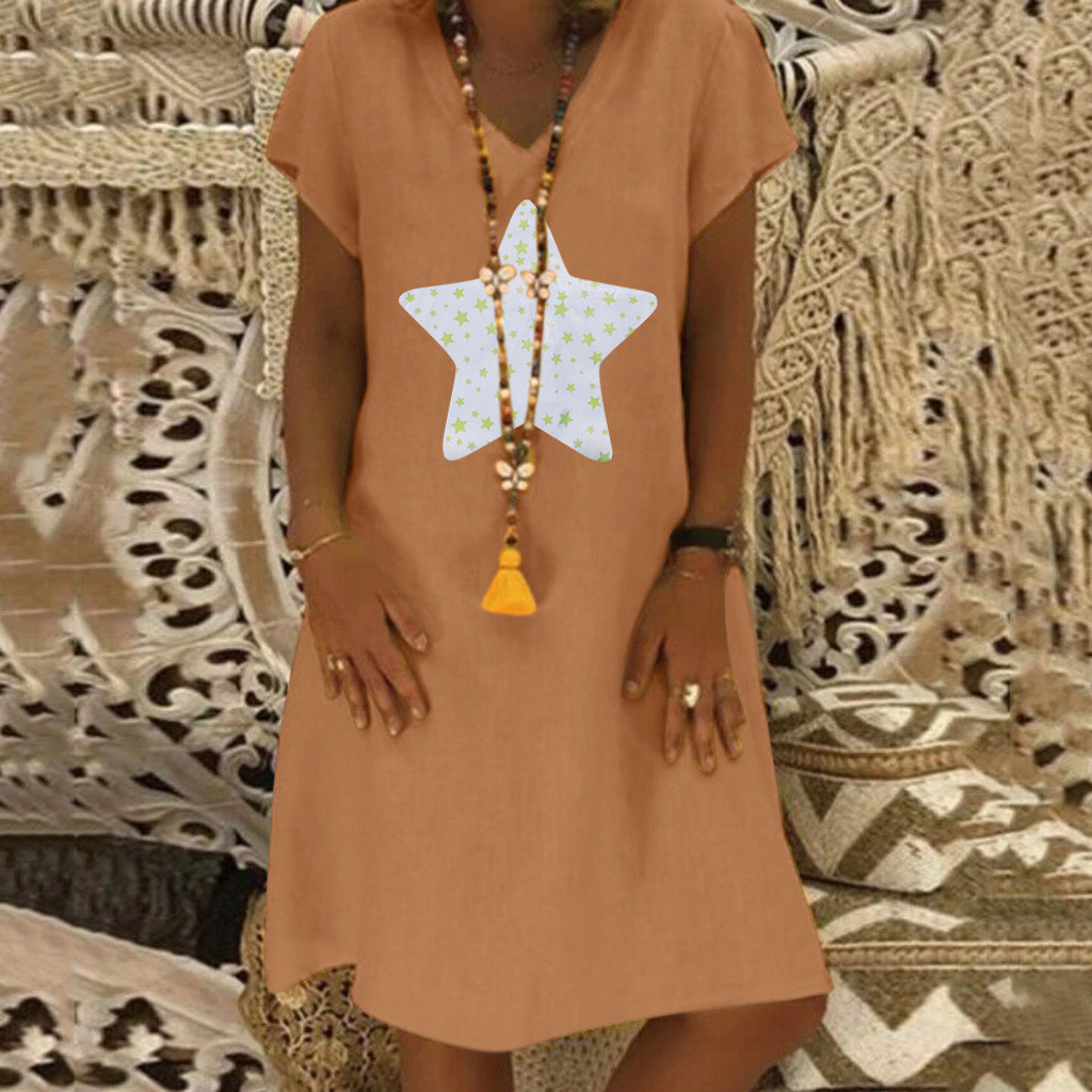 Women's Summer Fashion Short Sleeve Star Print Dress Brown L