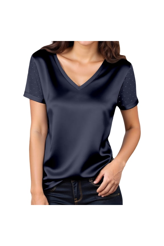 Women's Summer Fashion Short Sleeve T-Shirt with Mesh Yoke Casual Basic Top for Daily Wear V-Neck Satin Blouse Rhinestone Silk Dressy Business Work Casual Tops