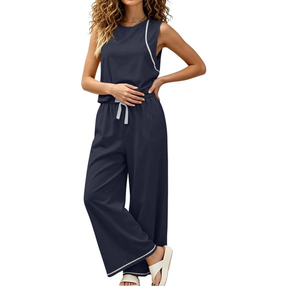 Women's Summer Fashion Sleeveless Tank Top Casual Long Pants Two Piece Loungewear Outfit Set Navy XL(XL)
