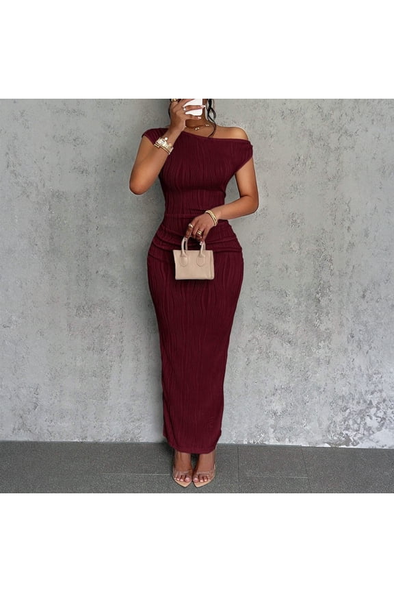 Women's Summer Fashion Solid Color Off-Shoulder Slim Fit Date Party Dress, Burgundy, XL