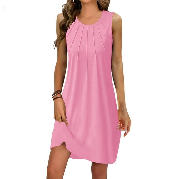 Women's Summer Fashion Solid Color Sleeveless Round Neck Pleated Dress Womens Long Sleeve Boho Blouse Top Pink Dress Club Dress