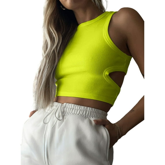 Women's Summer Fashion Tank Tops Solid Color Sleeveless Crewneck Hollow Out Vest Tops