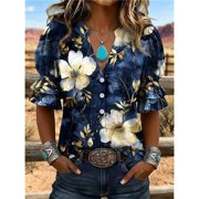 Womens Summer Fashion V-Neck Button Short Sleeves Shirt, Suitable for Holiday Gatherings, Daily Shopping