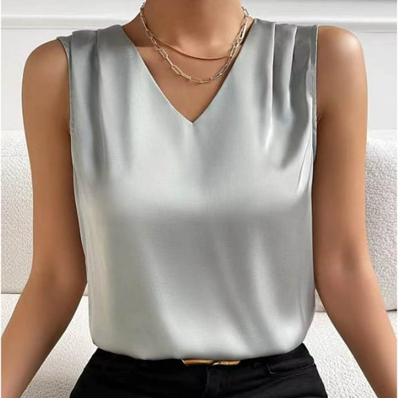 Women's Summer V Neck Satin Vest Top Casual Sleeveless Basic Shirt Comfortable Lightweight Fashionable Stretchy Soft Breathable