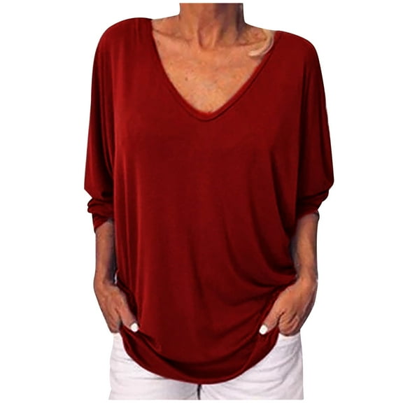 Women's Summer Fashion V-neck Bat 3/4 Sleeve Solid Color Tops