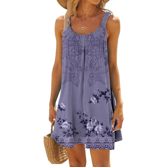 Women's Summer Fashion Vintage Flowers Printed Pleated Sleeveless Shoulder Strap Beach Vacation Casual Dress for Women Casual Summer Cute Maxi Dresses for Women A Line Dress Summer Women Loose Dress J