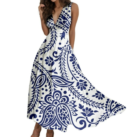 Women's Summer Fashionable And Sexy Vintage Print V Neck Waistband Sleeveless Beach Vacation Casual Dress