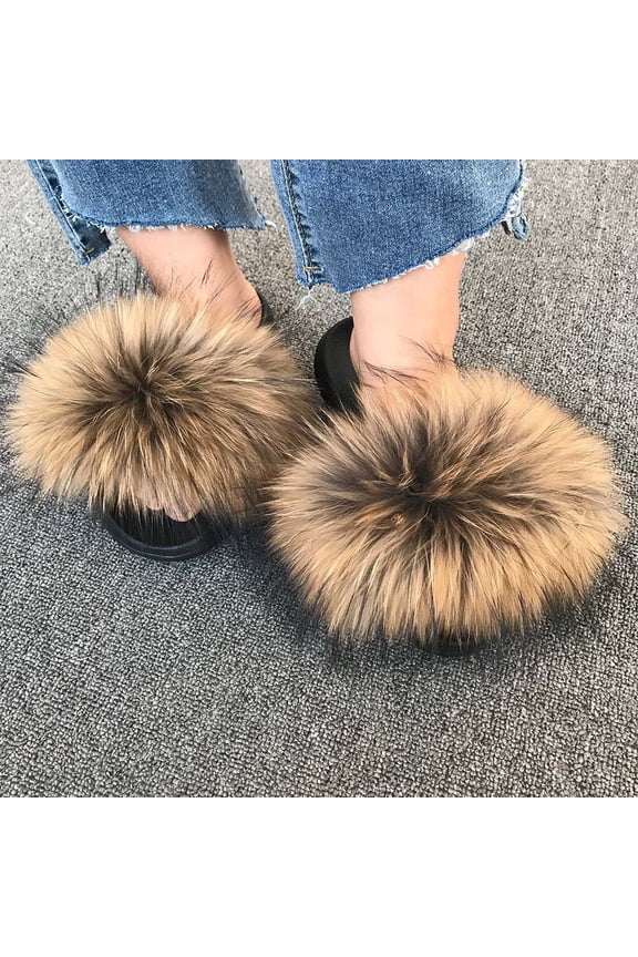 Women's Summer Fashionable Mixed Fuzzy Faux Fur Slide Slippers Fluffy Amazing Sandals Outdoor Shoes Big Size