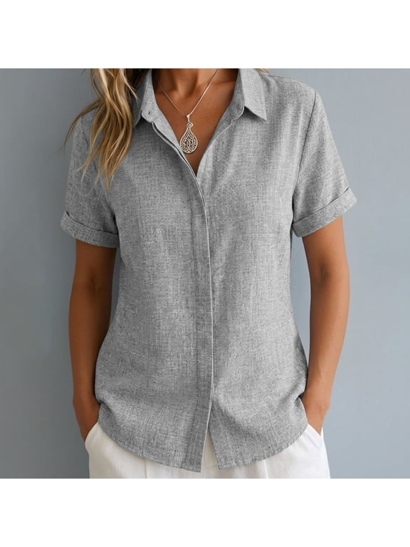 Women's Summer Faux Linen Short Sleeve Casual Shirt, Turn Down Collar Loose Fit with Hidden Button Placket, for Daily Wear or Summer Wedding Guest Outfits Silver
