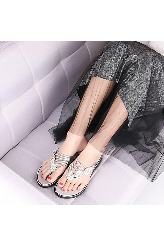Women's Summer Flat Flip Flops Lightweight Casual Flat Sandals Women's Shiny Rhinestone Floral Flip Flops Silver Sandals Women