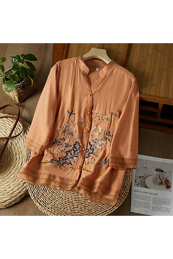 Women's Summer Flora Embroidered Tops Cotton Linen Tops Summer Gauze Shirts Loose Tunics Top Peasant Elbow Sleeve Work Tees 3/4 Length Sleeve Shirts Soft Floral Top Vacation Beach Solid Blouses 3XL
