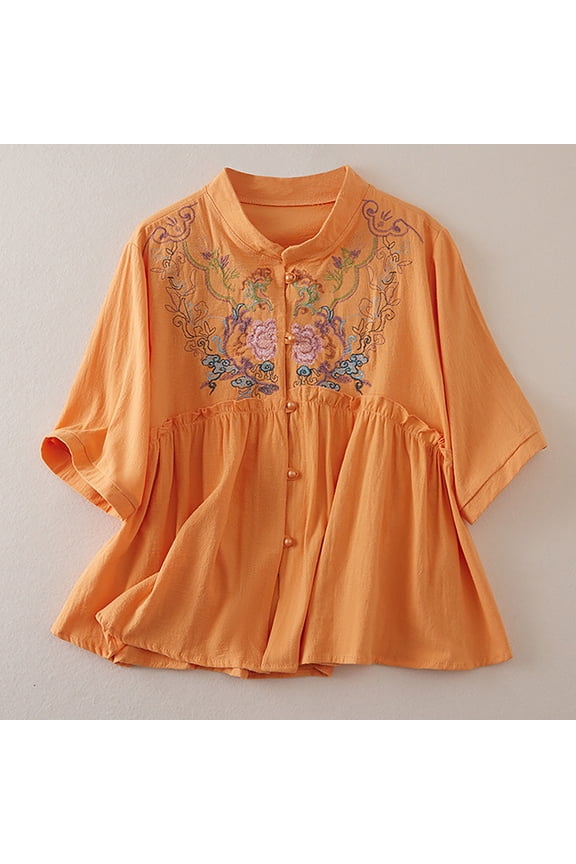 Women's Summer Flora Embroidered Tops Loose Fit Blouses Bohemian Tops Summer Gauze Shirts Boho Shirts Retro Embroidered Boho Tops 3/4 Length Sleeve Shirts Dressy Casual Blouses Breathable 2XL