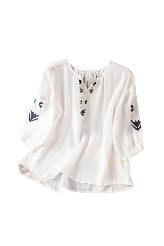 Women's Summer Flora Embroidered Tops Summer Gauze Shirts Loose Tunics Top Boho Shirts Retro Embroidered 3/4 Sleeve Boho Tops Peasant Tops Mexican Shirts 3/4 Length Sleeve Womens Tops Summer Tshirts