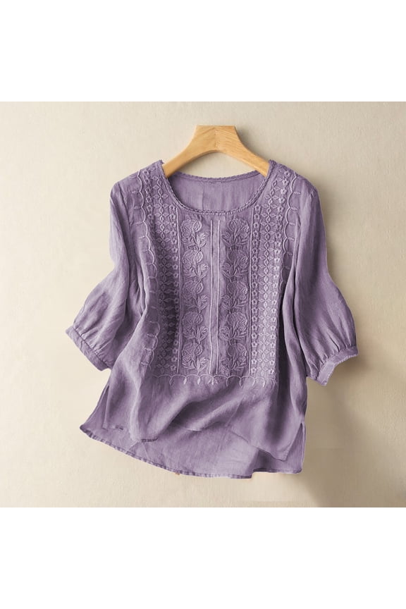 Women's Summer Flora Embroidered Tops Summer Spring Blouses 3/4 Length Sleeve Womens Tops Dressy Casual Blouses Elbow Sleeve Soft Floral Top Bohemian Tops Breathable Peasant Tops Cotton Linen Tops XL