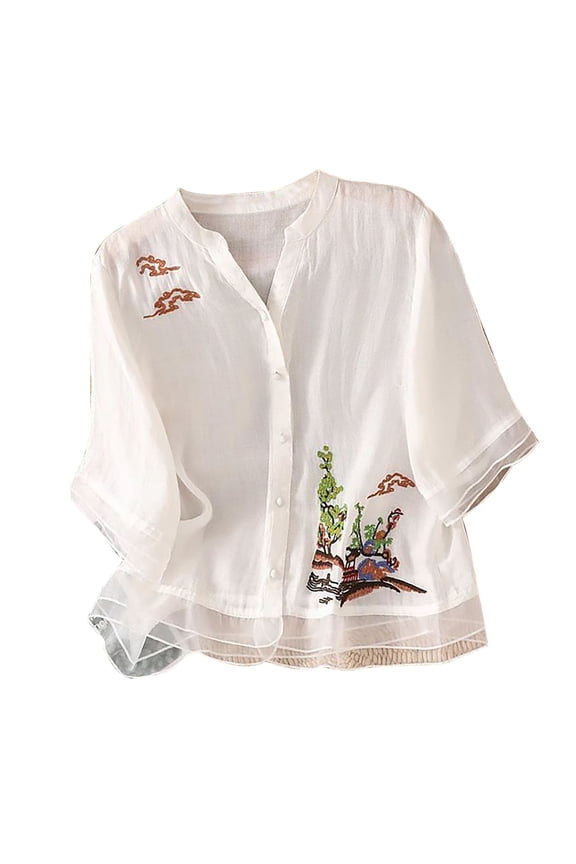 Women's Summer Flora Embroidered Tops Summer Tops for Women Retro Embroidered Boho Tops Elbow Sleeve 3/4 Length Sleeve Womens Tops Lightweight Pullover Shirt Solid Color Pullover Shirts 4XL