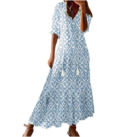Women's Summer Floral Boho Dress 3/4 Sleeve Wrap V Neck Flowy Casual Loose Wedding Guest Long Maxi Ruffle Dresses