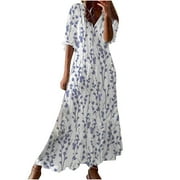 ANKOLA Women's Summer Floral Boho Dress 3/4 Sleeve Wrap V Neck Flowy Casual Loose Wedding Guest Long Maxi Ruffle Dresses