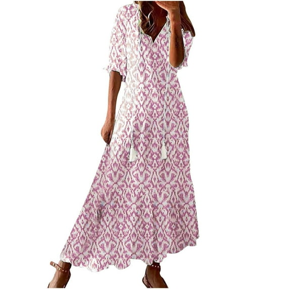 Women's Summer Floral Boho Dress 3/4 Sleeve Wrap V Neck Flowy Casual Loose Wedding Guest Long Maxi Ruffle Dresses