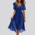 thumbnail image 1 of Women's Summer Floral Boho Dress Wrap V Neck Short Sleeve Chiffon Tie Waist Ruffle A-Line Flowy Maxi Wedding Guest Dresses Blue L, 1 of 7