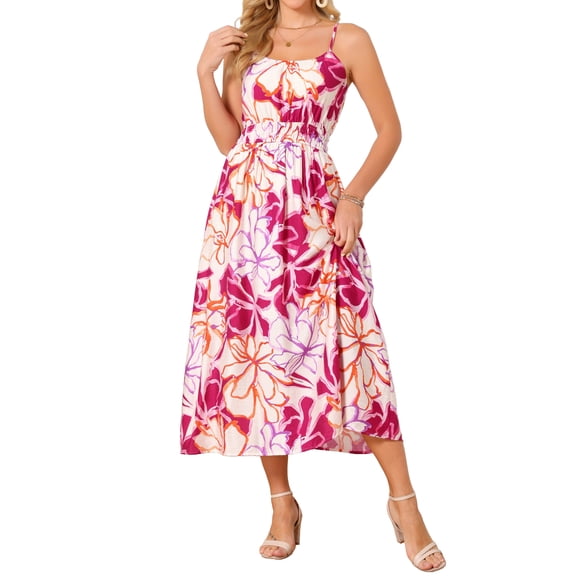 INSPIRE CHIC Women's Summer Floral Dress Casual Sleeveless Spaghetti Strap Smocked Crewneck Boho Flowy Beach Midi Sundress L Beige