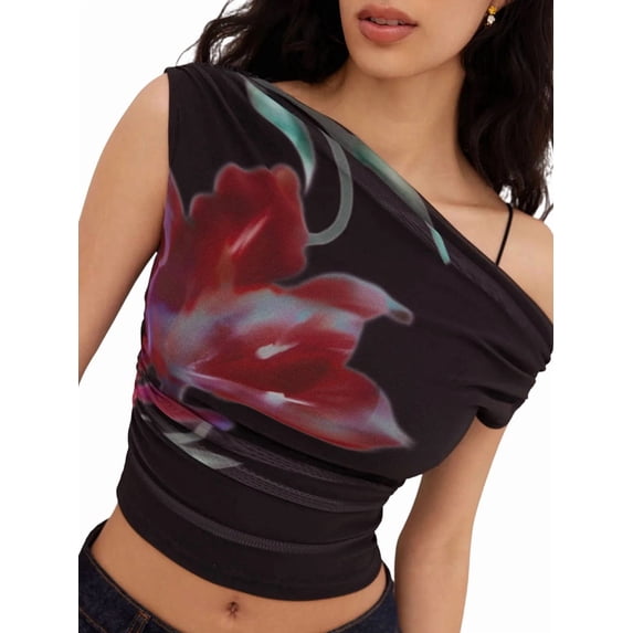 Women's Summer Floral Going Out Tank Tops Off Shoulder Slim Fit Y2K Crop Mesh Top Vacation Outfits Black XS