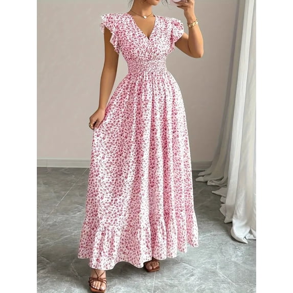 Women's Summer Floral Long Dress with Ruffled V-Neck and Short Sleeves, Large Hem Dress