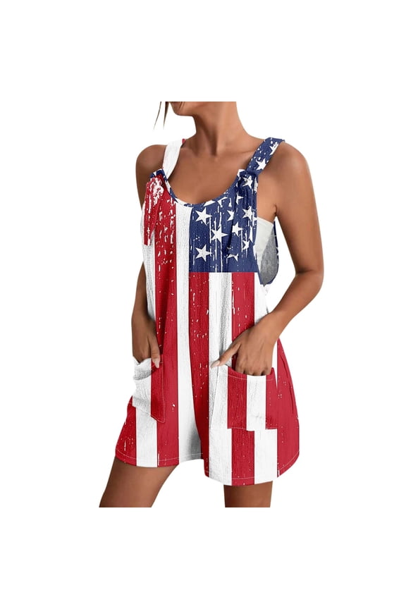 Women's Summer Floral Patriotic Jumpsuit 4th of July American Flag Sleeveless Romper with Pockets Red S