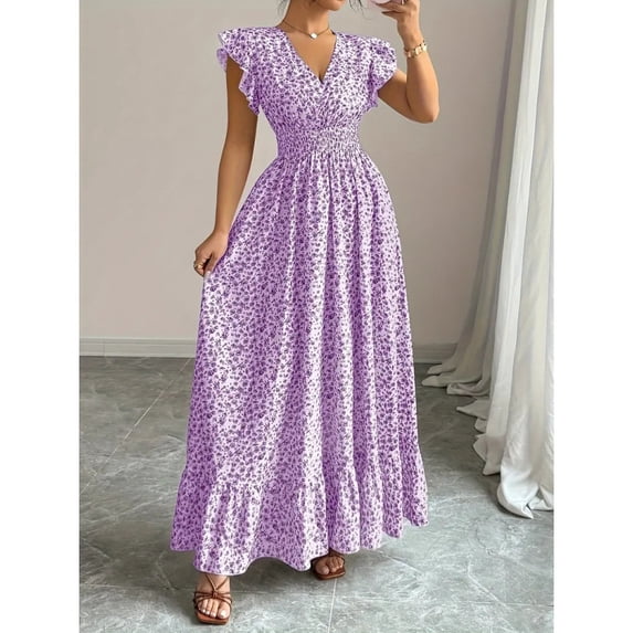 Women's Summer Floral Print Maxi Dress with Ruffled Collar, Short Sleeves, Full Skirt