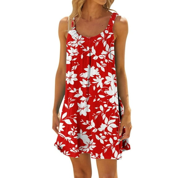 Women's Summer Floral Print Pleated Casual Dress Sleeveless Strap Beach Wear Comfortable Lightweight Fashion Womens Casual Trendy Midi Dresses