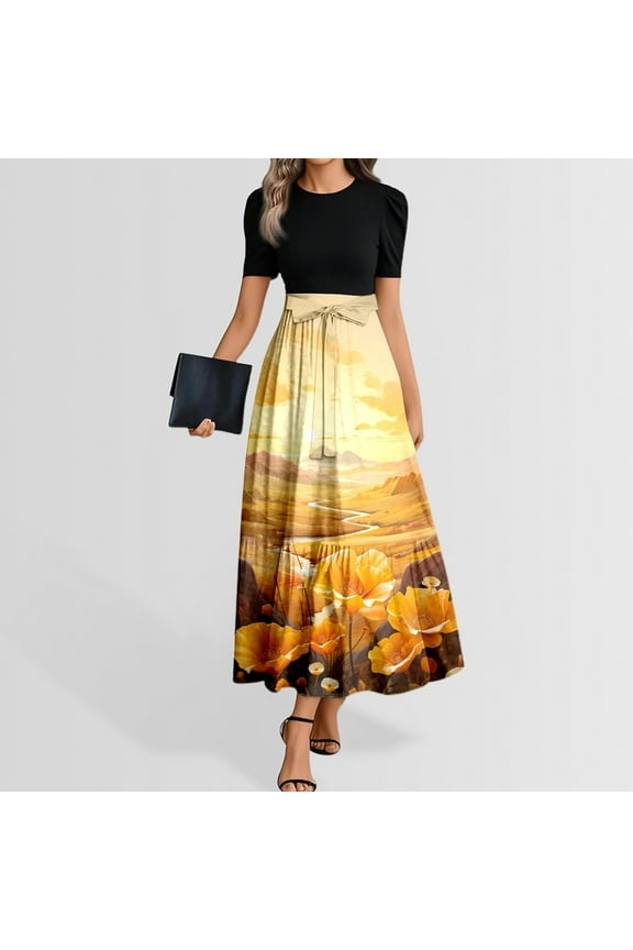 Women's Summer Floral Print Short Sleeve Dress Elegant Round Neck Back Zipper Casual Dress With Adjustable Belt For Comfort And Style Form Fitting Dress Fall Dresses for Women Casual Summer Short