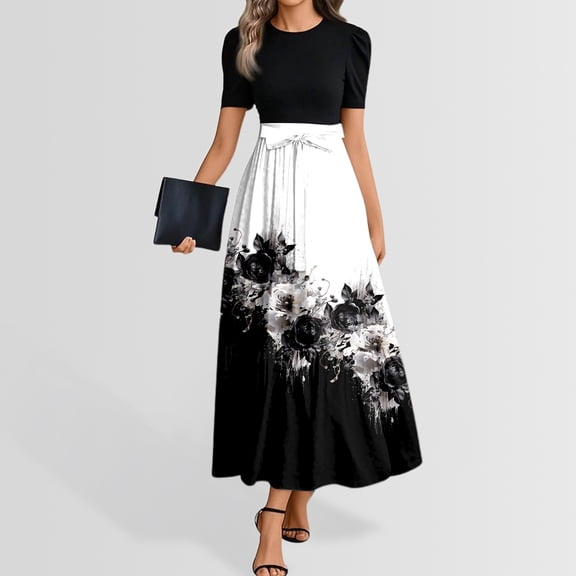 Women's Summer Floral Print Short Sleeve Dress Elegant Round Neck Back Zipper Casual Dress With Adjustable Belt For Comfort And Style Shirt Dress Short Dresses Skater Dresses for Women Casual Summer