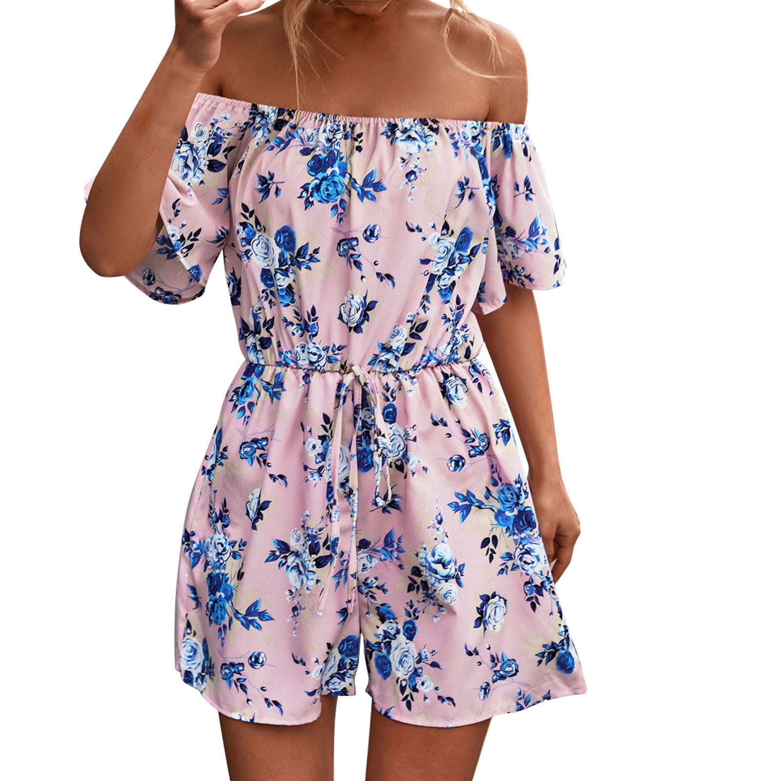 Women s Summer Floral Print Short Sleeve Shorts Jumpsuit Adjustable Waist Short Pant Rompers off Shoulder Jumpsuit Women Ladies Romper Eyelet Jumpsuit