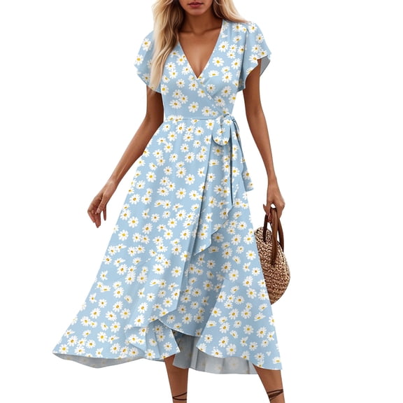 Women's Summer Floral Print V-Neck Waisted Short Sleeve Dress with Ruffled Hem - Casual A-Line Stretch Dress for Outdoor, Party, or Daily Wear,Light Blue 2XL