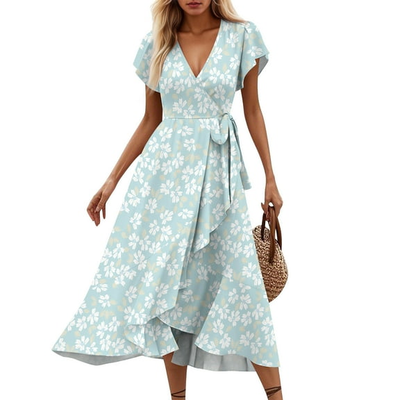 Women's Summer Floral Print V-Neck Waisted Short Sleeve Dress with Ruffled Hem - Casual A-Line Stretch Dress for Outdoor, Party, or Daily Wear,Mint Green 2XL
