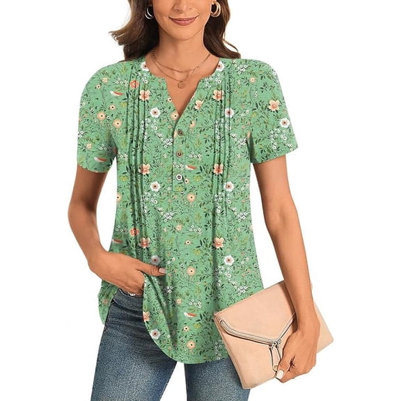 Women’s Summer Floral Tops Short Sleeve Henley Shirt Button Down Casual Loose Fit Lightweight Tunic Blouse for Daily Wear(Available in Plus Size)