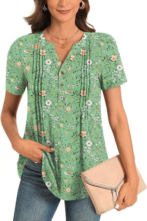 Women’s Summer Floral Tops Short Sleeve Henley Shirt Button Down Casual Loose Fit Lightweight Tunic Blouse for Daily Wear(Available in Plus Size)