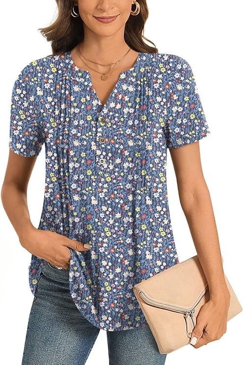 Women’s Summer Floral Tops Short Sleeve Henley Shirt Button Down Casual Loose Fit Lightweight Tunic Blouse for Daily Wear(Available in Plus Size)