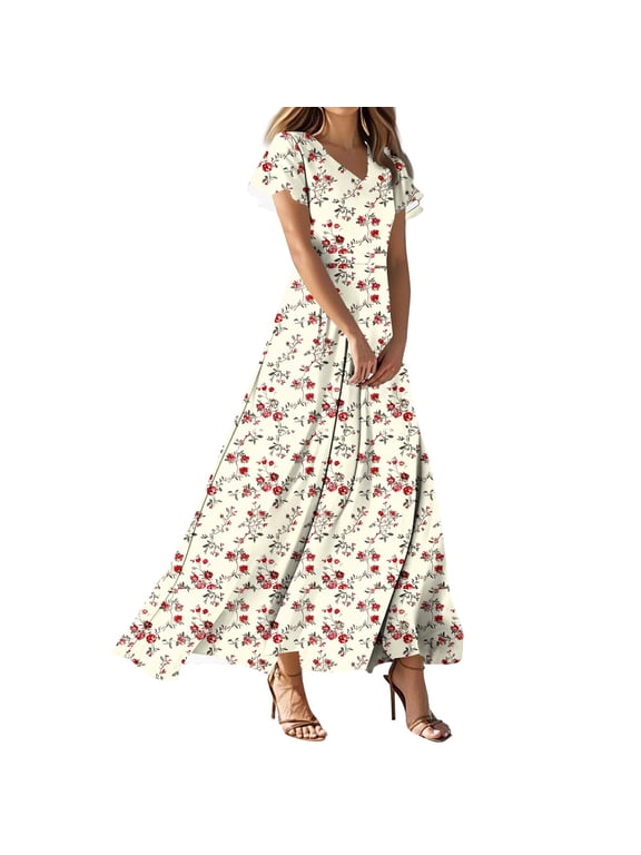 Women's Summer Floral V Neck Maxi Dress Short Sleeve High Waist A Line Tiered Flowy Boho Vacation Dresses