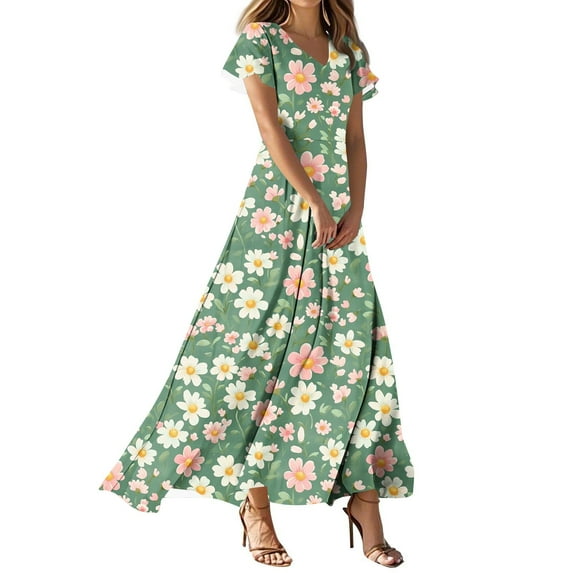 Women's Summer Floral V Neck Maxi Dress Short Sleeve High Waist A Line Tiered Flowy Boho Vacation Dresses