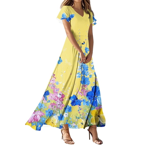 Women's Summer Floral V Neck Maxi Dress Short Sleeve High Waist A Line Tiered Flowy Boho Vacation Dresses