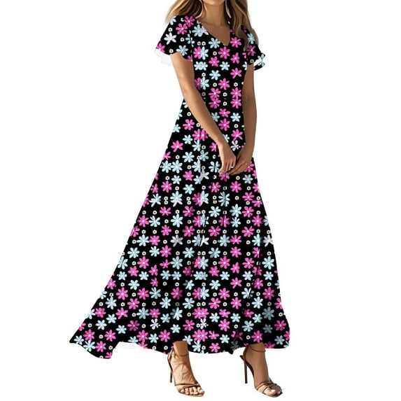 Women's Summer Floral V Neck Maxi Dress Short Sleeve High Waist A Line Tiered Flowy Boho Vacation Dresses