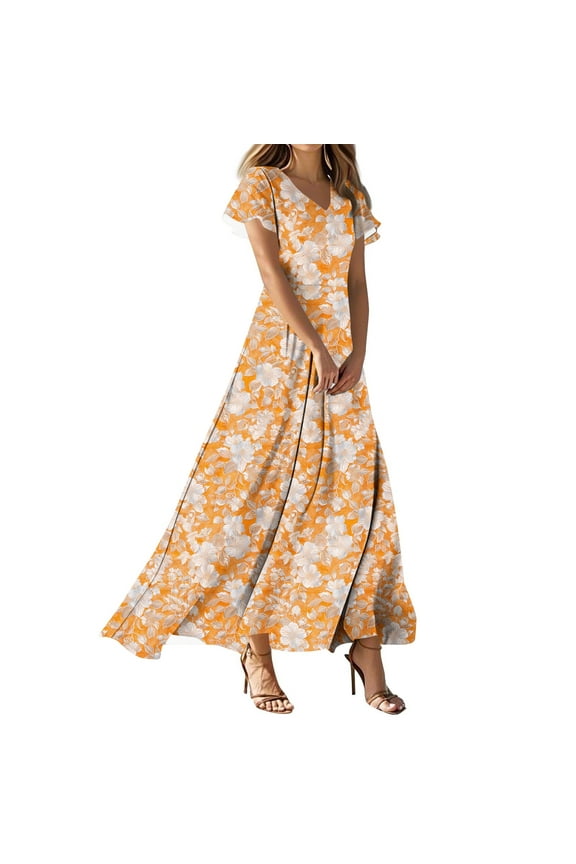 Women's Summer Floral V Neck Maxi Dress Short Sleeve High Waist A Line Tiered Flowy Boho Vacation Dresses