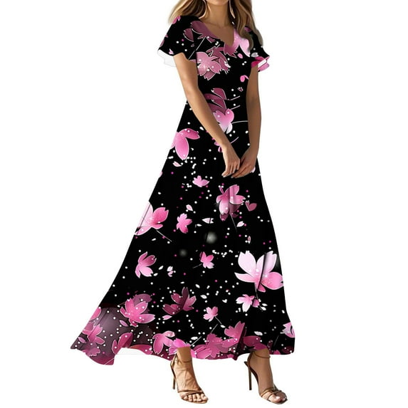 Women's Summer Floral V Neck Maxi Dress Short Sleeve High Waist A Line Tiered Flowy Boho Vacation Dresses