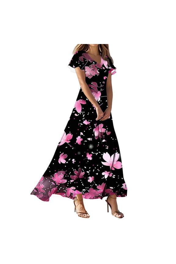 Women's Summer Floral V Neck Maxi Dress Short Sleeve High Waist A Line Tiered Flowy Boho Vacation Dresses
