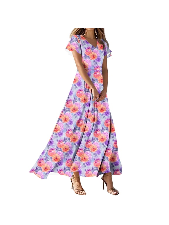 Women's Summer Floral V Neck Maxi Dress Short Sleeve High Waist A Line Tiered Flowy Boho Vacation Dresses